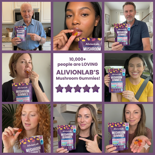Collage of people holding and using AlivionLab Mushroom Gummies with a positive review graphic.